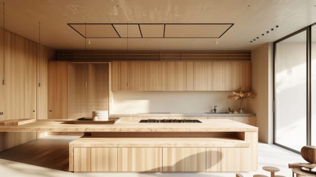 A kitchen with a wooden counter and cabinets. The counter is long and has a bench underneath it