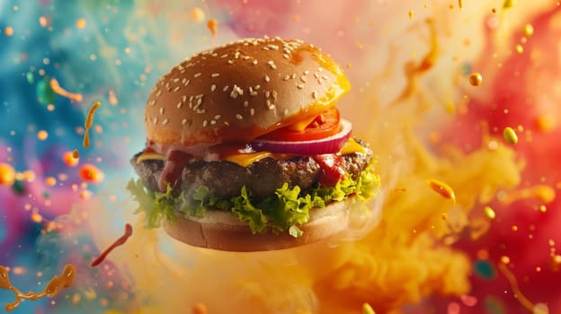 Spinning burger against a background of abstract color splashes