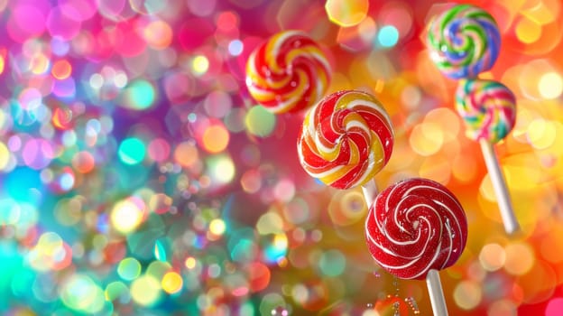 Spinning candies against an abstract background of vibrant hues