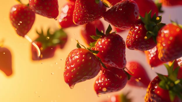Striking silhouette of levitating strawberries against a bright background