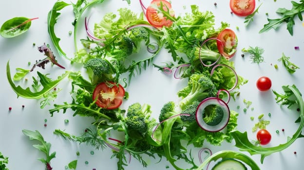 Spinning salad ingredients forming a swirl, representing the joy of healthy eating