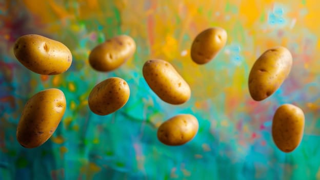 Spinning potatoes against an abstract background of vibrant hues