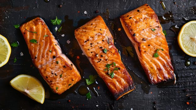 Top-down shot of levitating pieces of grilled salmon with lemon wedges