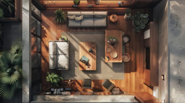 Top-down angle offering insight into the spatial organization of interior decor