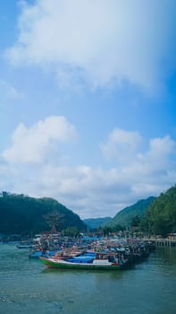 A large group of boats are floating on a lake. The sky is blue with some clouds