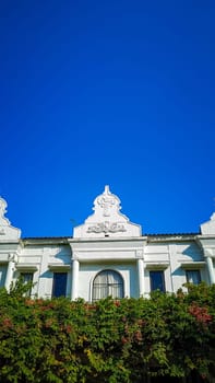 A stunning colonial building with intricate architectural details. Vibrant greenery adds charm against a clear blue sky. Perfect for concepts of history, architecture, and nature in harmony.