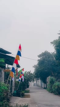 A peaceful suburban street adorned with vibrant flags, surrounded by trees on a foggy day. The calm atmosphere and muted colors evoke a sense of tranquility and serenity.