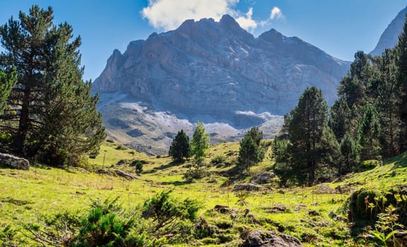 French Pyrenees mountains. the mountain range with a lush green valley in between. The sky is clear and the sun is shining brightly