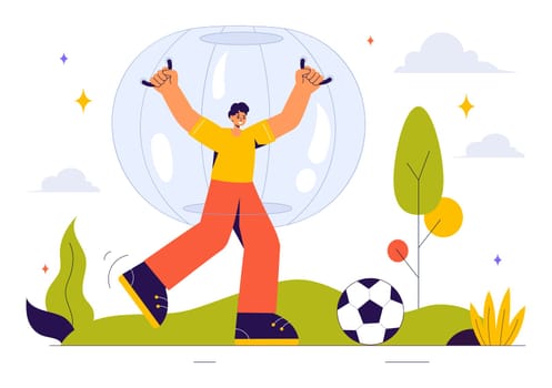 Zorbing Vector Illustration featuring People Enjoying Bubble Bump Games on a Green Field in a Fun and Playful Flat Cartoon Style background