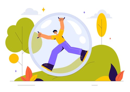 Zorbing Vector Illustration featuring People Enjoying Bubble Bump Games on a Green Field in a Fun and Playful Flat Cartoon Style background
