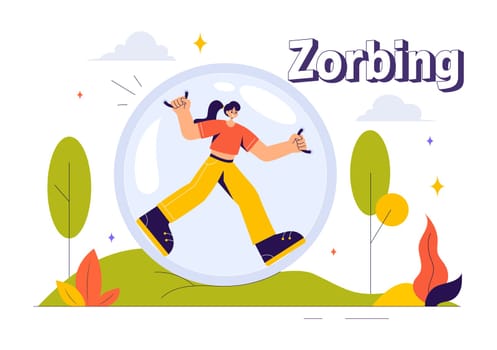 Zorbing Vector Illustration featuring People Enjoying Bubble Bump Games on a Green Field in a Fun and Playful Flat Cartoon Style background