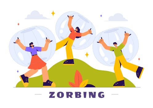 Zorbing Vector Illustration featuring People Enjoying Bubble Bump Games on a Green Field in a Fun and Playful Flat Cartoon Style background