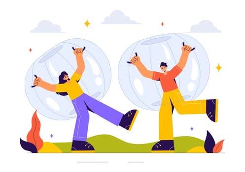 Zorbing Vector Illustration featuring People Enjoying Bubble Bump Games on a Green Field in a Fun and Playful Flat Cartoon Style background