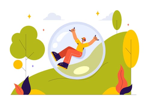 Zorbing Vector Illustration featuring People Enjoying Bubble Bump Games on a Green Field in a Fun and Playful Flat Cartoon Style background