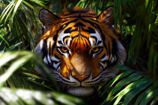 A tiger hidden in the shadow of a bush staring at its prey. AI generated