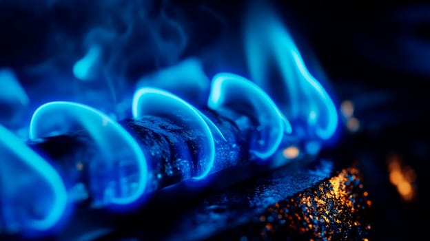 Close-up of a natural gas flame on a stove top. Global gas crisis and price rise. AI generated