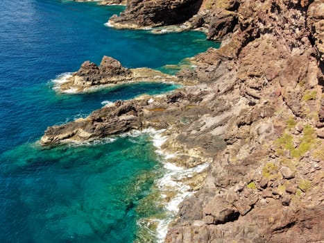 Picturesque landscape of the ocean coast. Rocks near Canical on the Madeira, Portugal. High quality photo