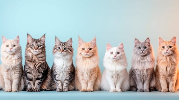 Large group of crossbred domestic cats sitting in a row. AI generated