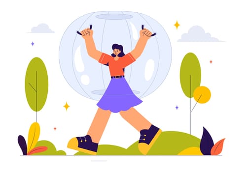 Zorbing Vector Illustration featuring People Enjoying Bubble Bump Games on a Green Field in a Fun and Playful Flat Cartoon Style background