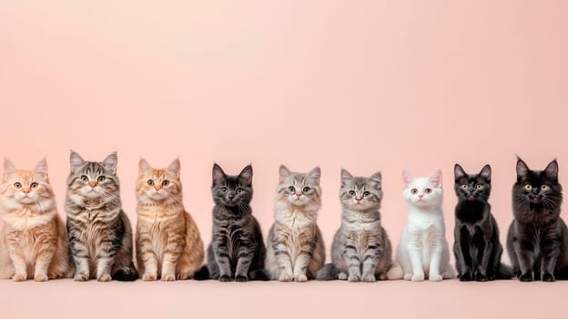 Large group of domestic cats sitting in a row. AI generated