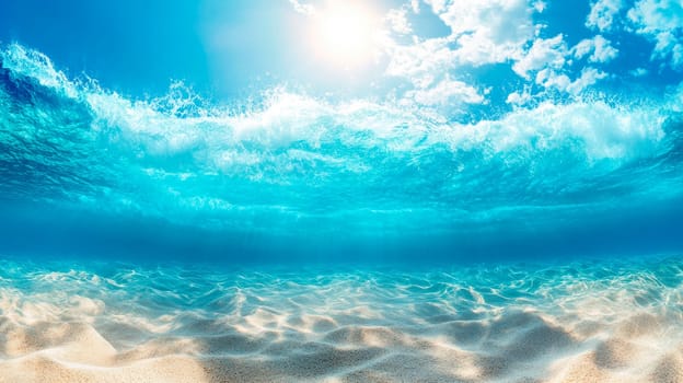 Sunlight beams penetrate the clear blue water, illuminating the sandy ocean floor. AI generated
