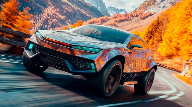 Futuristic vehicle driving down mountain road on a high speed. AI generated