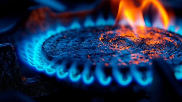 Close-up of a natural gas flame on a stove top. AI generated