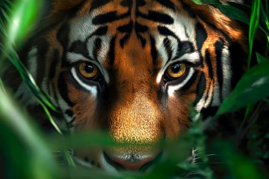 A tiger hidden in the shadow of a jungle bush, staring at its prey. AI generated