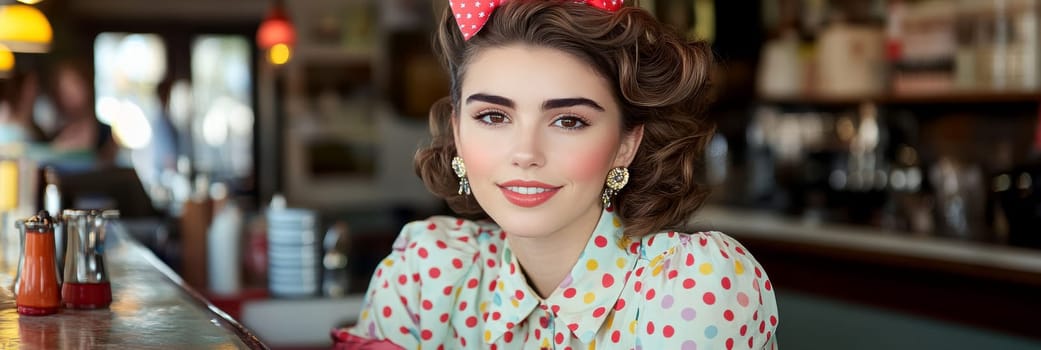 A beautiful woman sits at the counter of an American restaurant. Stylized from1940s - 1950s. AI generative.