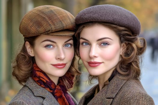 Photographs of women styled in the 1940s-50s taken on the streets of American cities. AI generative.