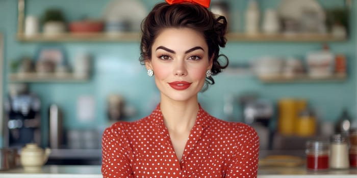 A beautiful woman sits at the counter of an American restaurant. Stylized from1940s - 1950s. AI generative.