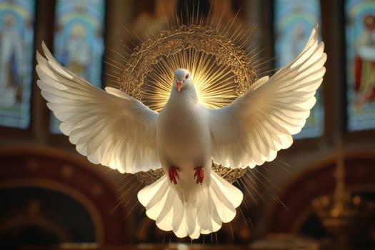 Graphic and biblical representation of the Holy Spirit in the form of a dove. AI generativ.