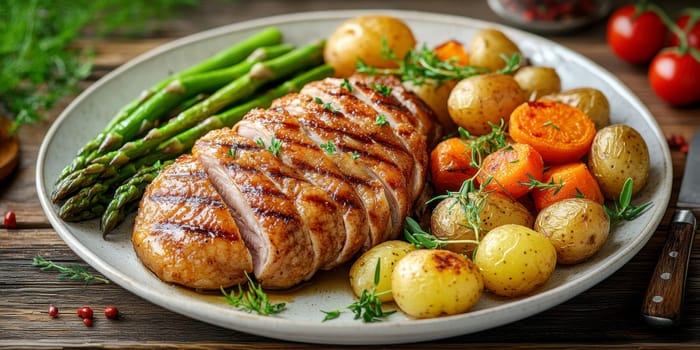 cooked duck breast, accompanied by a variety of caramelized vegetables. AI generative.