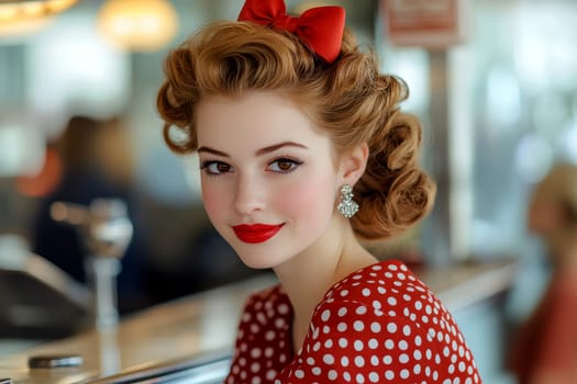 A beautiful woman sits at the counter of an American restaurant. Stylized from1940s - 1950s. AI generative.