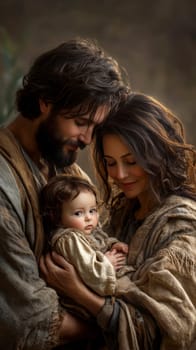 The painting depicts Mary, Joseph and the baby Jesus in a peaceful and holy scene, with Mary cradling Jesus in her arms and Joseph standing protectively by their side.AI generative.