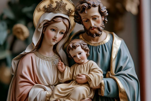 The painting depicts Mary, Joseph and the baby Jesus in a peaceful and holy scene, with Mary cradling Jesus in her arms and Joseph standing protectively by their side.AI generative.