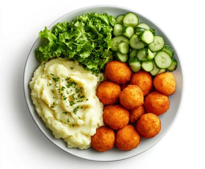 fried meatballs served with creamy mashed potatoes and a fresh green salad. AI generative.