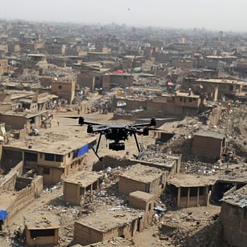 A drone seen from above flies over the battlefield. Ai generative.