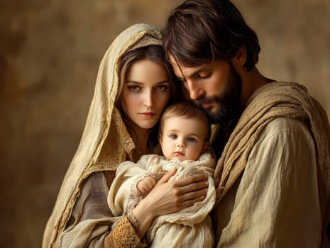 The painting depicts Mary, Joseph and the baby Jesus in a peaceful and holy scene, with Mary cradling Jesus in her arms and Joseph standing protectively by their side.AI generative.
