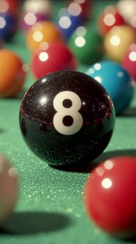 A black snooker ball with eight is placed on the green table, surrounded by other balls of different colors. The black billiard ball has no shadow and stands out against the background of bright green color, creating an atmosphere of excitement for playing. --chaos 30 --ar 9:16 --style raw --stylize 300 --v 6.1 Job ID: 2445cd68-55b5-4c6d-a173-27f512c17c17