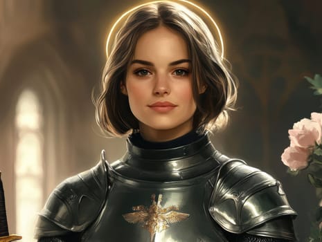 Joan of Arc, set against a dark background adorned with subtle flowers.  AI generative.