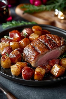 cooked duck breast, accompanied by a variety of caramelized vegetables. AI generative.