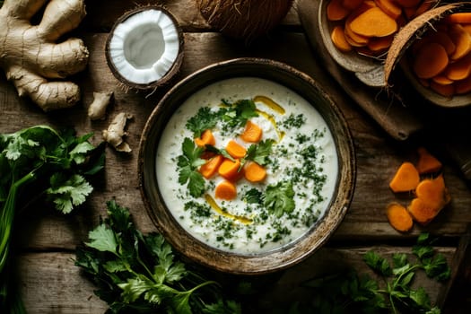 healthy pumpkin soup with ginger carrots and coconut milk . AI generative.