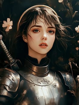 Joan of Arc, set against a dark background adorned with subtle flowers.  AI generative.