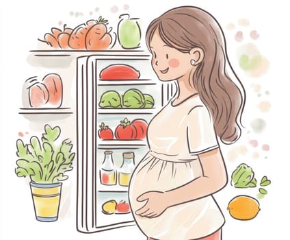 A pregnant woman is opening the refrigerator. AI generative.
