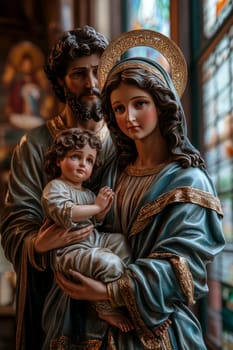 The painting depicts Mary, Joseph and the baby Jesus in a peaceful and holy scene, with Mary cradling Jesus in her arms and Joseph standing protectively by their side.AI generative.