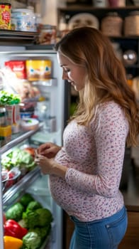 A pregnant woman is opening the refrigerator. AI generative.