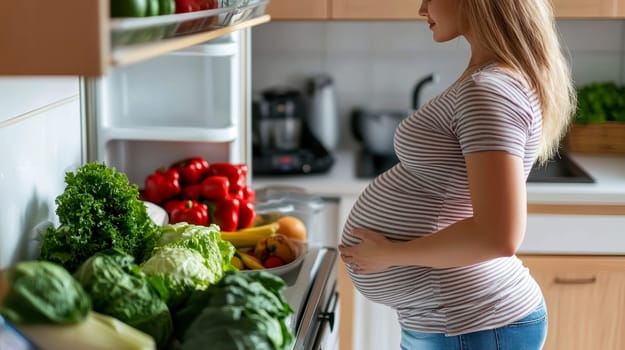 A pregnant woman is opening the refrigerator. AI generative.
