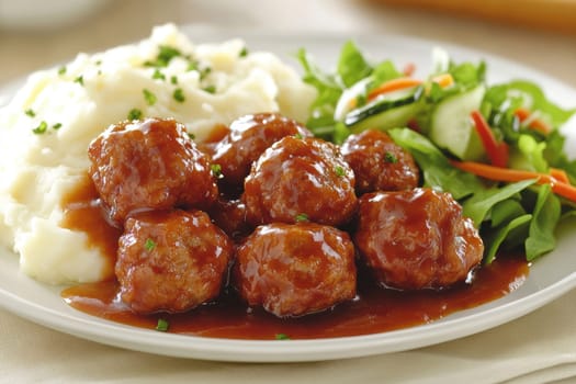 fried meatballs served with creamy mashed potatoes and a fresh green salad. AI generative.