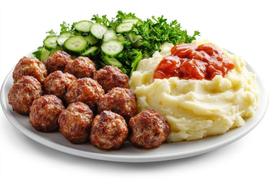 fried meatballs served with creamy mashed potatoes and a fresh green salad. AI generative.